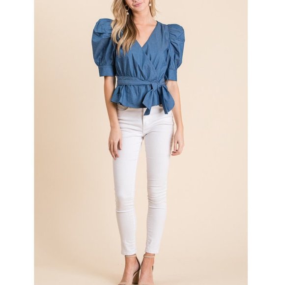 Chambray Denim Puff Sleeve Faux Wrap Top Shirt - Picture 6 of 7